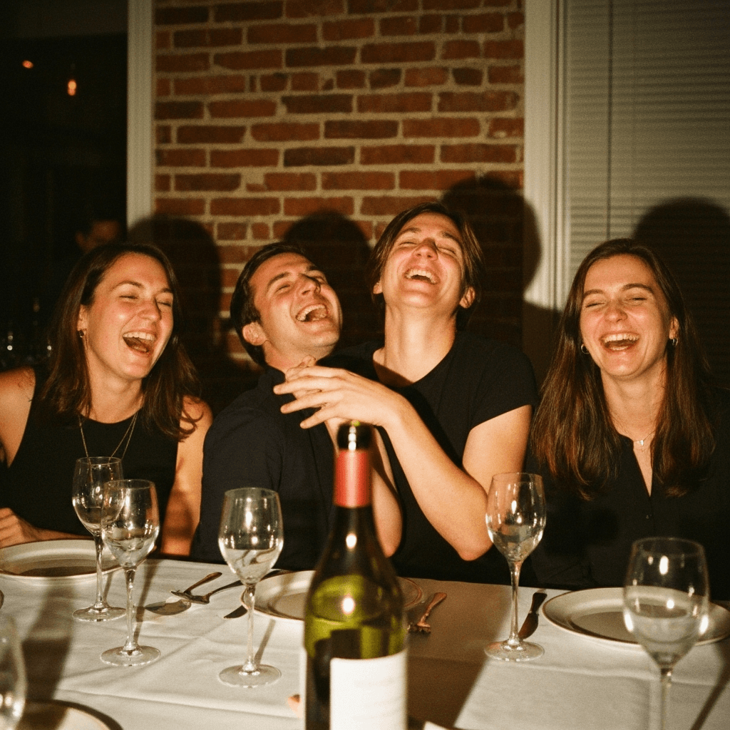 Friends laughing at dinner